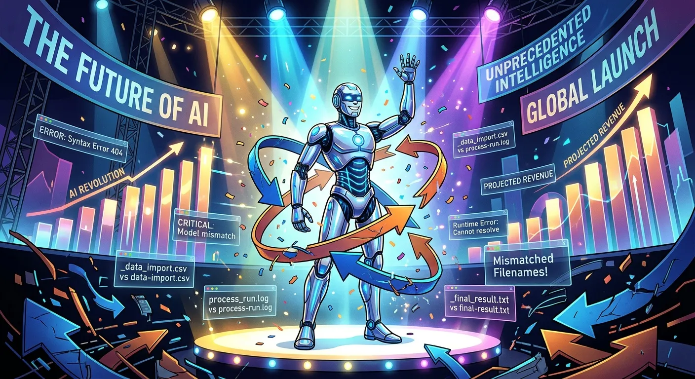A hyped AI robot on a launch stage surrounded by benchmark charts, stuck in a loop amid mismatched filenames