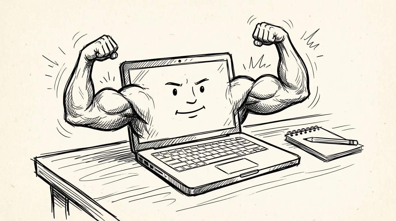 A laptop flexing muscular arms — local AI getting strong enough to run on your own machine