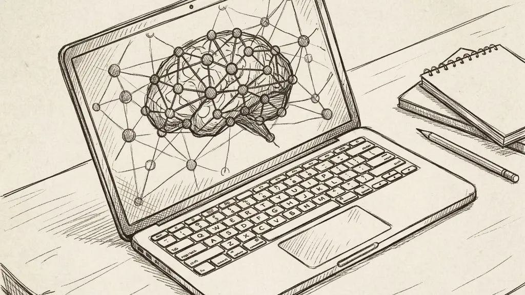 A hand-drawn brain on a laptop — a local AI second brain